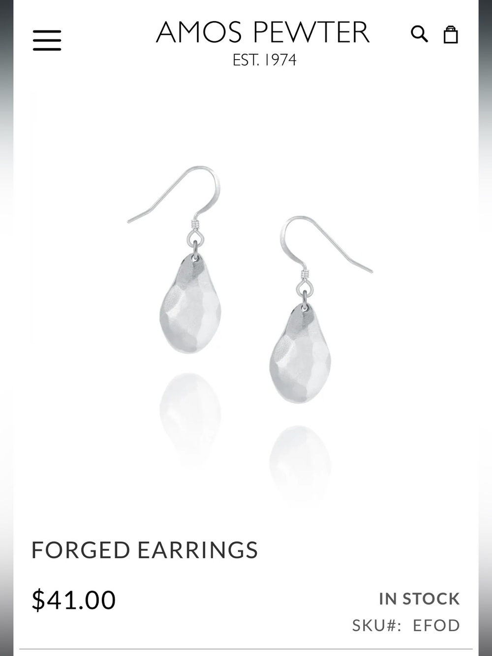 Amos Pewter Silver Forged Teardrop Earrings